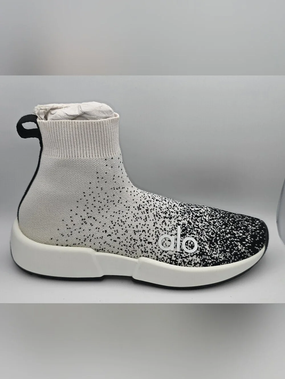 ALO Yoga Women's Sock-Style Sneakers in White and Black Speckle